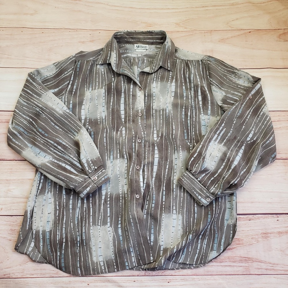 All Hours Shirt Womens Large Brown Geometric Collared Button Up Long‎ Sleeve VTG